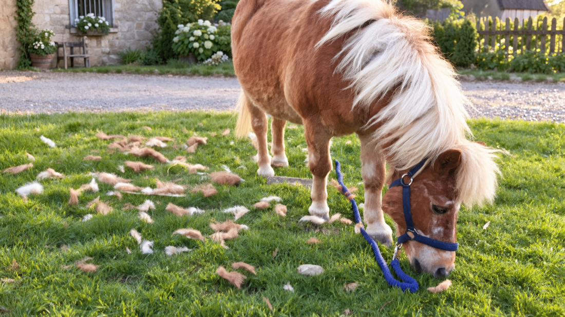 Pferd im Fellwechsel auf der Weide mit sichtbarem Fellverlust